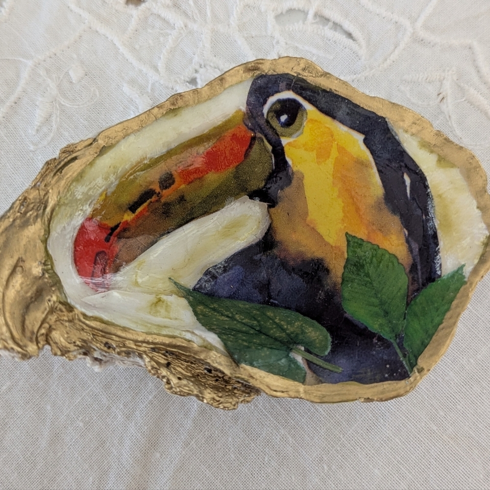 Handcrafted Decoupaged Toucan On Oyster Shell With Gold Trim And Pearl Feet